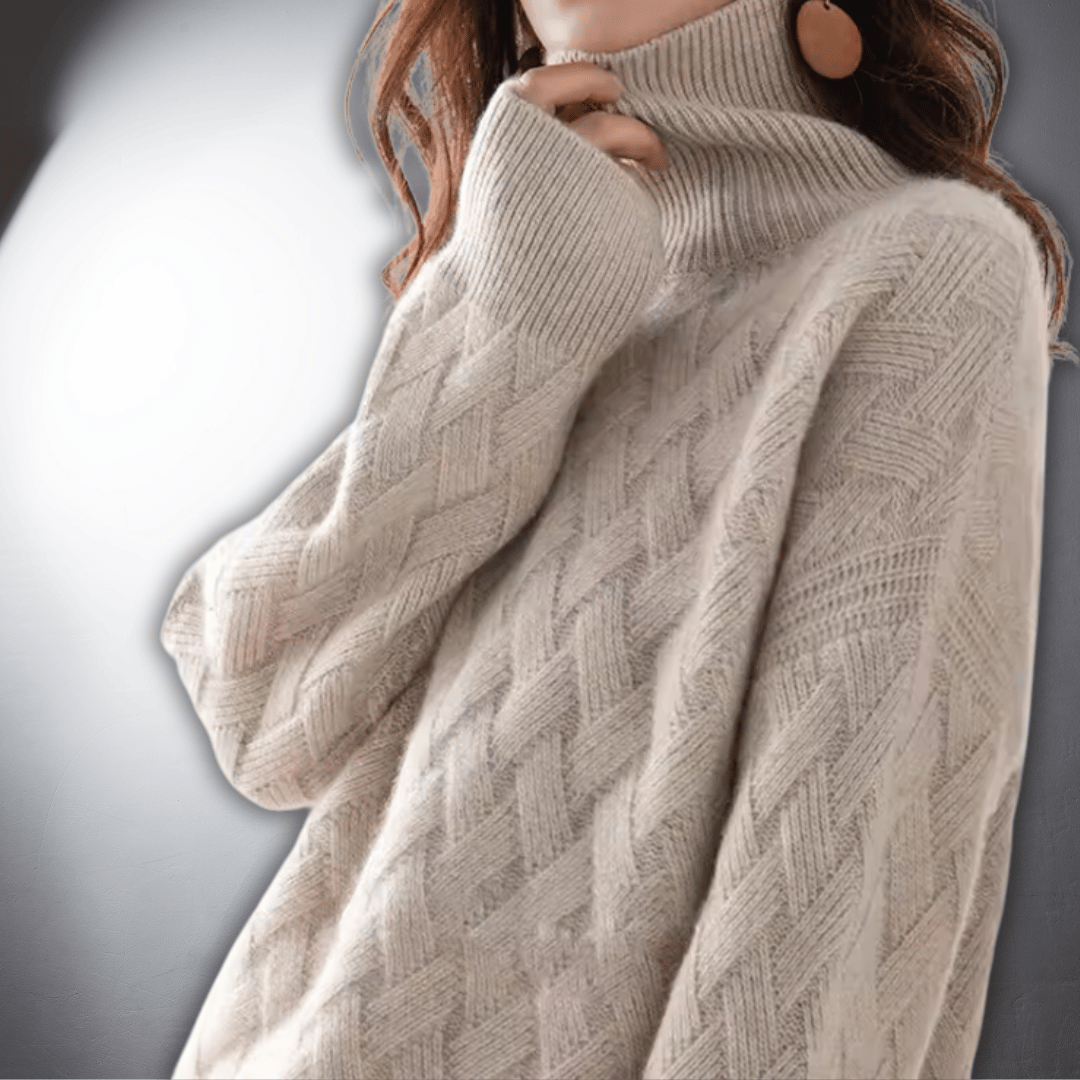 Comfortable Basketweave Knit Sweater for Women with Turtleneck Long Sleeve Relaxed Oversized Style