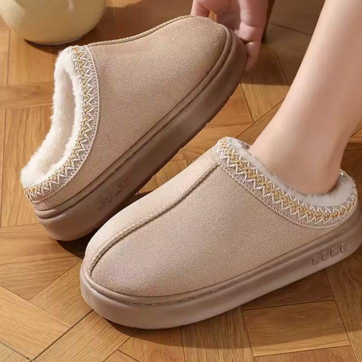 Comfortable Slippers for Women with Faux Shearling Collar Braided Trim Backless Mule Style