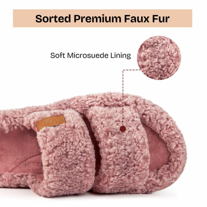 Comfortable Slippers with Arch Support for Women with Double Fur Strap Contoured Footbed Open Toe Style