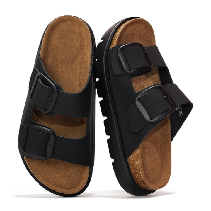 Comfortable Slide Sandals for Women with Double Buckle Strap Contoured Footbed Open Toe Style
