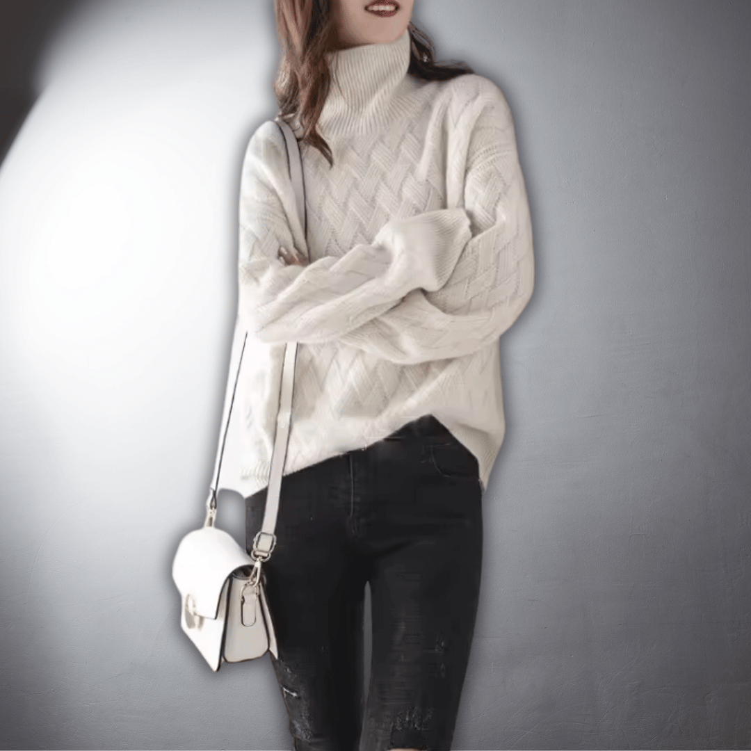 Comfortable Basketweave Knit Sweater for Women with Turtleneck Long Sleeve Relaxed Oversized Style