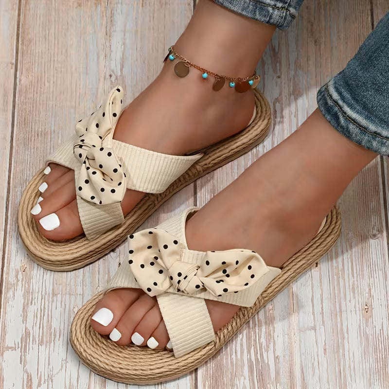 Comfortable Flat Sandals for Women with Bow Detail Crossover Strap Espadrille Trim Open Toe Style