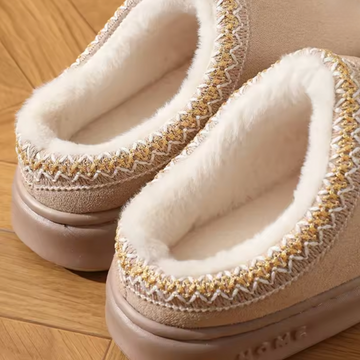Comfortable Slippers for Women with Faux Shearling Collar Braided Trim Backless Mule Style