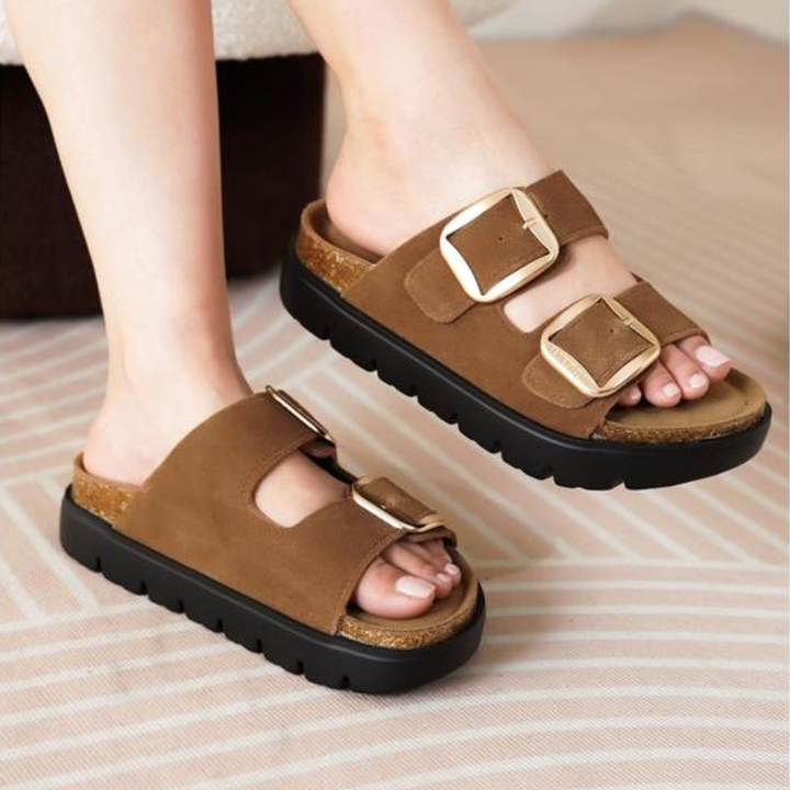 Comfortable Slide Sandals for Women with Double Buckle Strap Contoured Footbed Open Toe Style