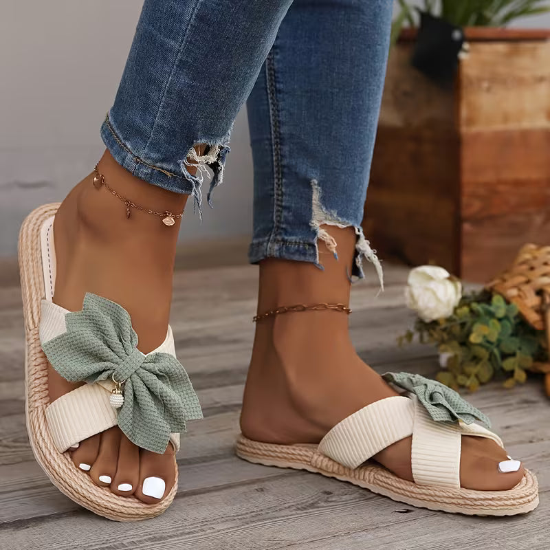 Comfortable Flat Sandals for Women with Bow Detail Crossover Strap Espadrille Trim Open Toe Style