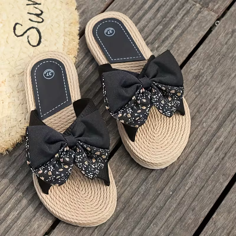 Comfortable Flat Sandals for Women with Bow Detail Crossover Strap Espadrille Trim Open Toe Style