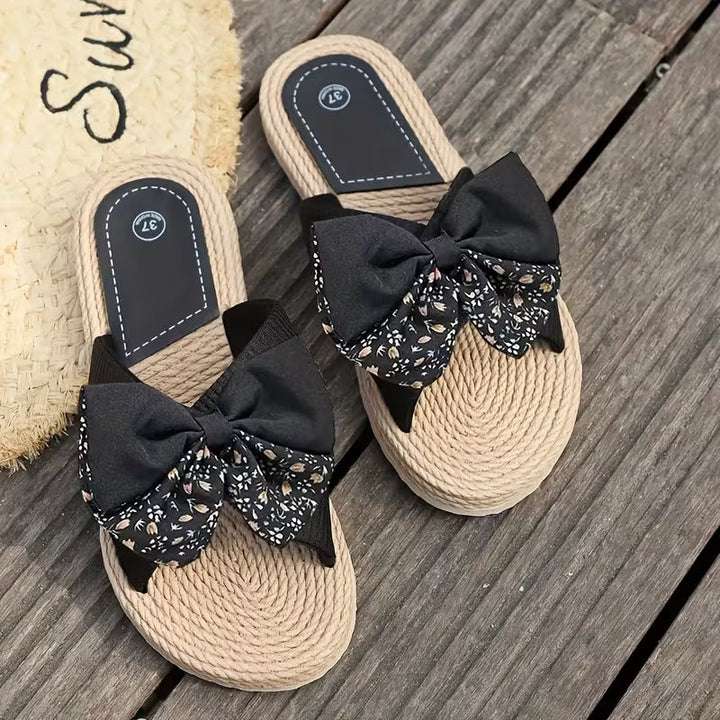 Comfortable Flat Sandals for Women with Bow Detail Crossover Strap Espadrille Trim Open Toe Style