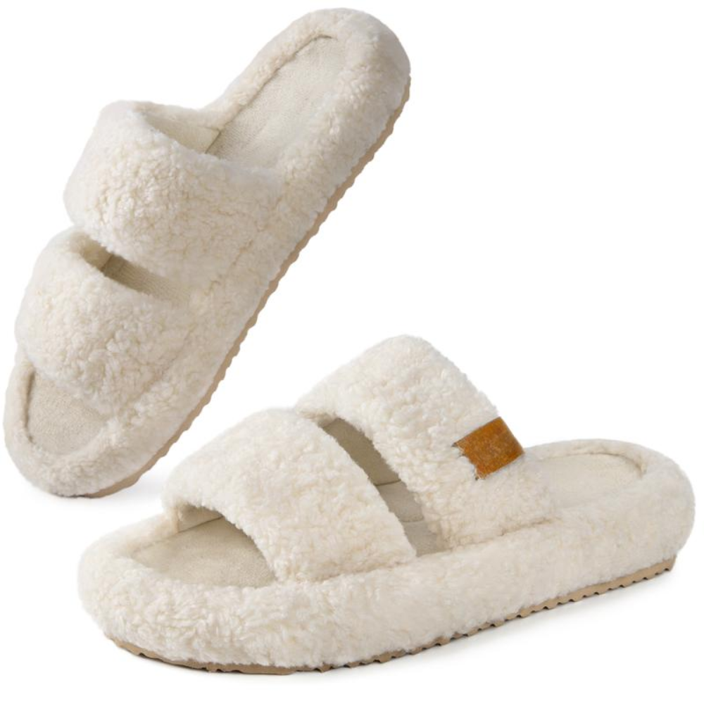 Comfortable Slippers with Arch Support for Women with Double Fur Strap Contoured Footbed Open Toe Style