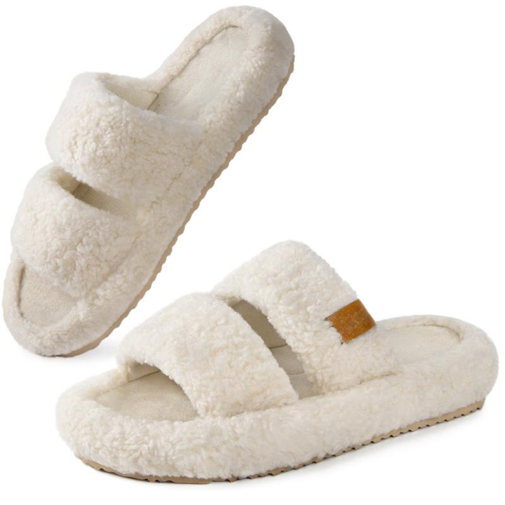 Comfortable Slippers with Arch Support for Women with Double Fur Strap Contoured Footbed Open Toe Style