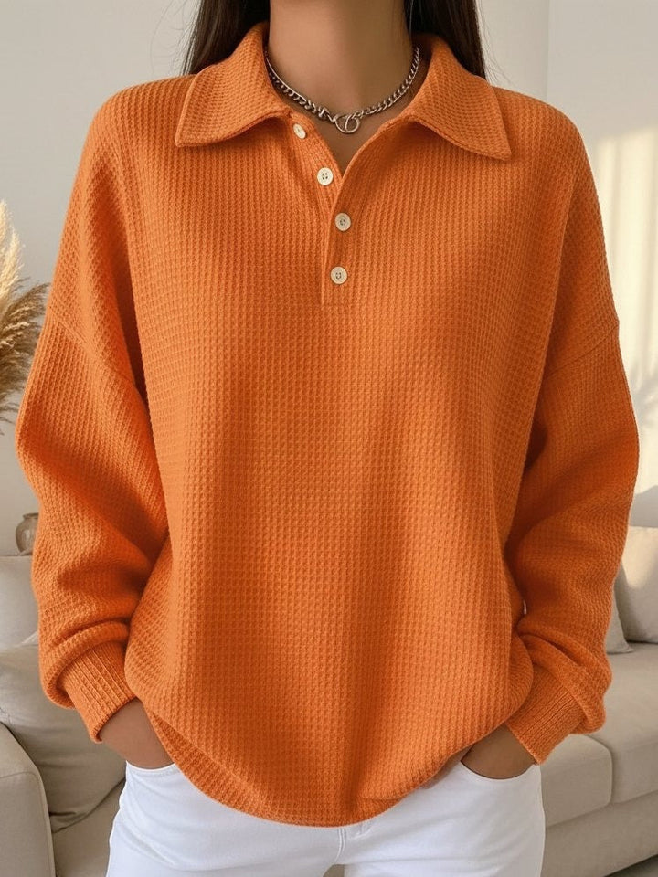 Comfortable Waffle Knit Polo Sweater for Women with Collar Long Sleeve Button Front Oversized Relaxed Style