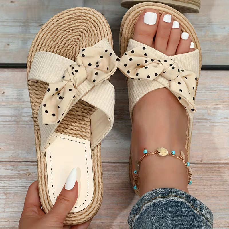 Comfortable Flat Sandals for Women with Bow Detail Crossover Strap Espadrille Trim Open Toe Style