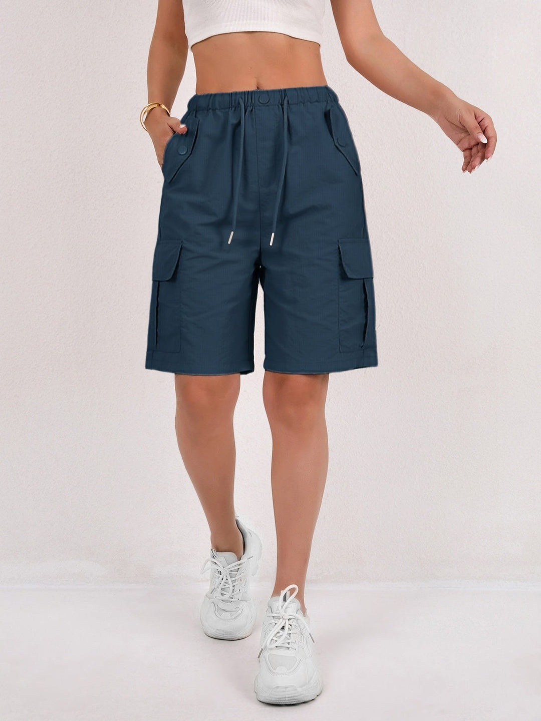 Effortless Pink Cargo Shorts for Women with High Waist Drawstring Flap Pocket Relaxed Style