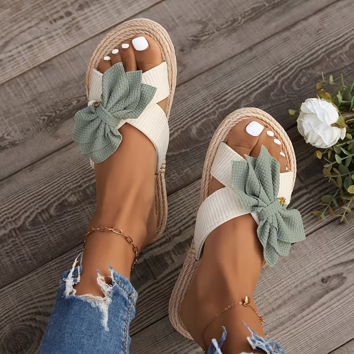 Comfortable Flat Sandals for Women with Bow Detail Crossover Strap Espadrille Trim Open Toe Style