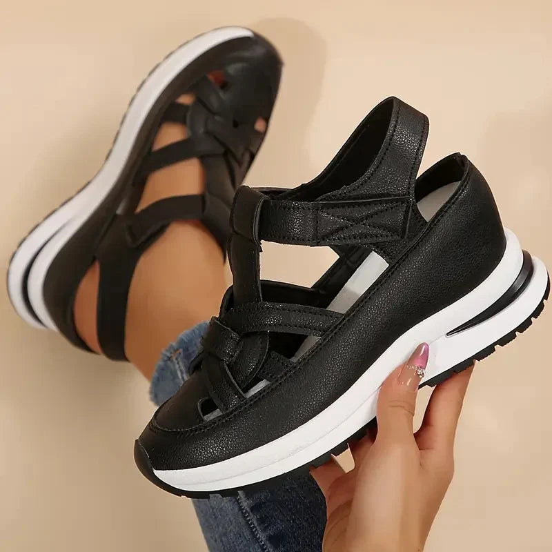 Comfortable Closed Toe Sandals for Women with Cutout Strap Platform Sole Hook Loop Sport Style
