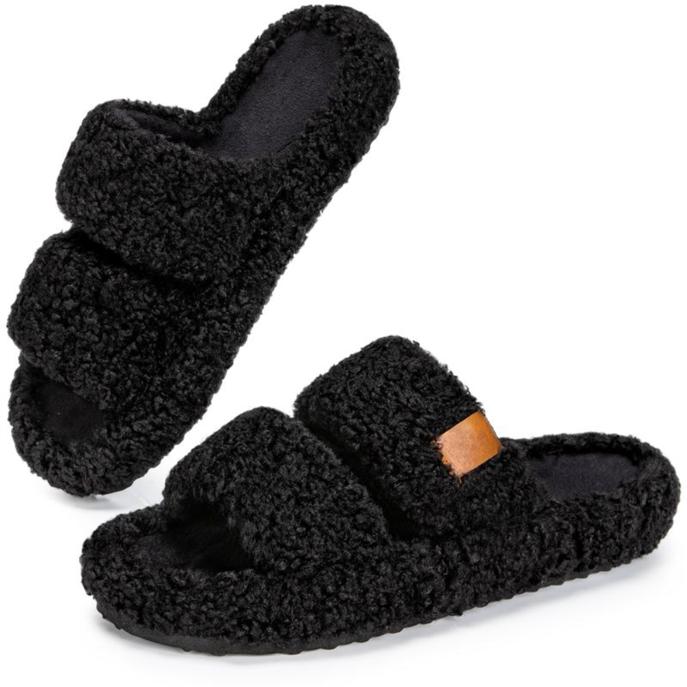 Comfortable Slippers with Arch Support for Women with Double Fur Strap Contoured Footbed Open Toe Style