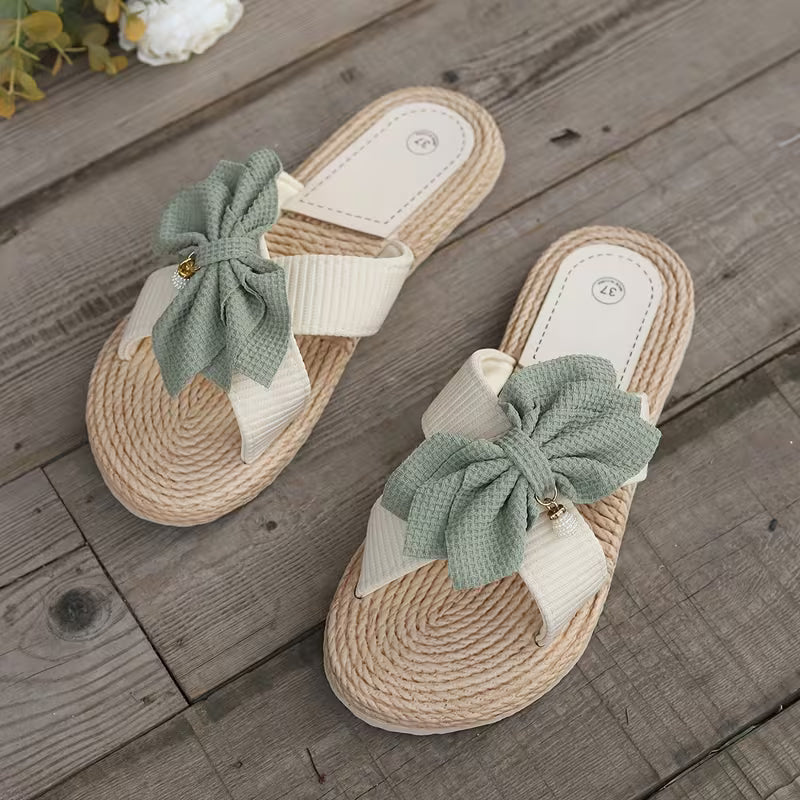 Comfortable Flat Sandals for Women with Bow Detail Crossover Strap Espadrille Trim Open Toe Style