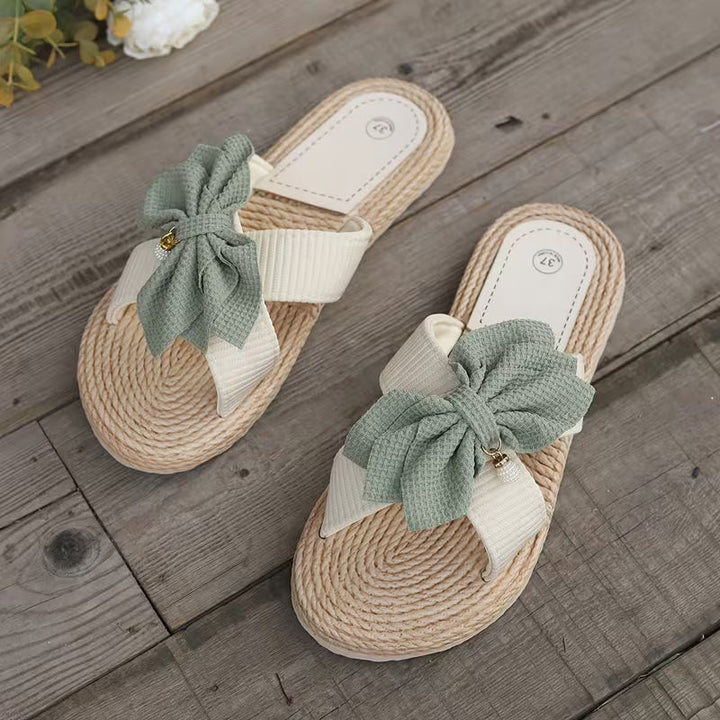 Comfortable Flat Sandals for Women with Bow Detail Crossover Strap Espadrille Trim Open Toe Style