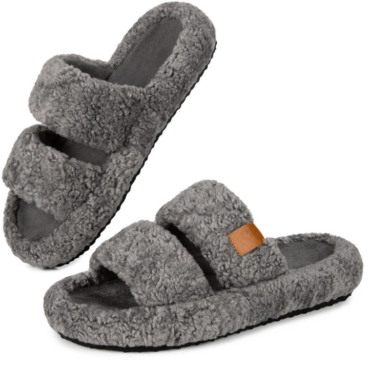 Comfortable Slippers with Arch Support for Women with Double Fur Strap Contoured Footbed Open Toe Style