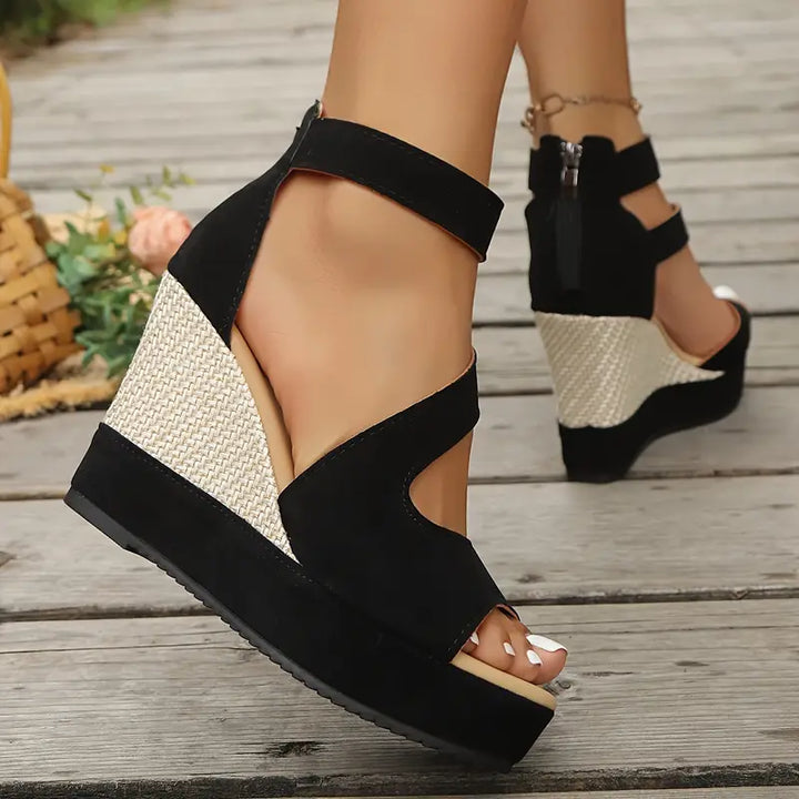 Comfortable Black Wedge Sandals for Women with Ankle Strap Espadrille Platform Open Toe Style