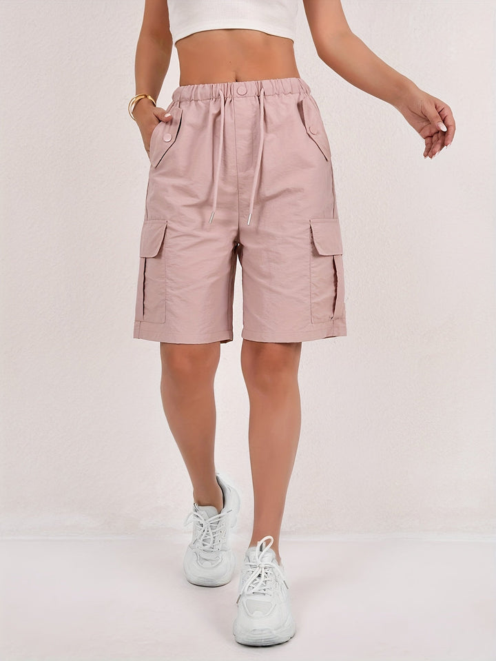 Effortless Pink Cargo Shorts for Women with High Waist Drawstring Flap Pocket Relaxed Style