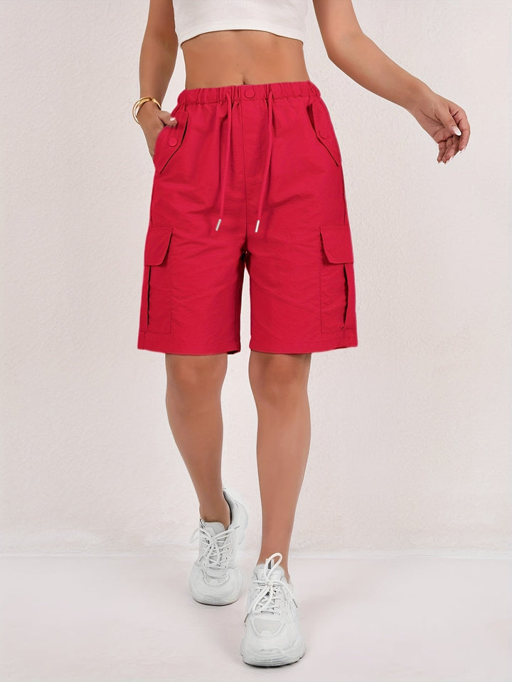Effortless Pink Cargo Shorts for Women with High Waist Drawstring Flap Pocket Relaxed Style