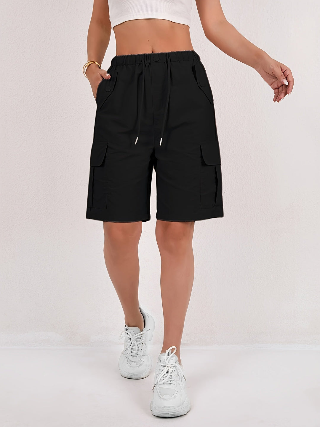 Effortless Pink Cargo Shorts for Women with High Waist Drawstring Flap Pocket Relaxed Style