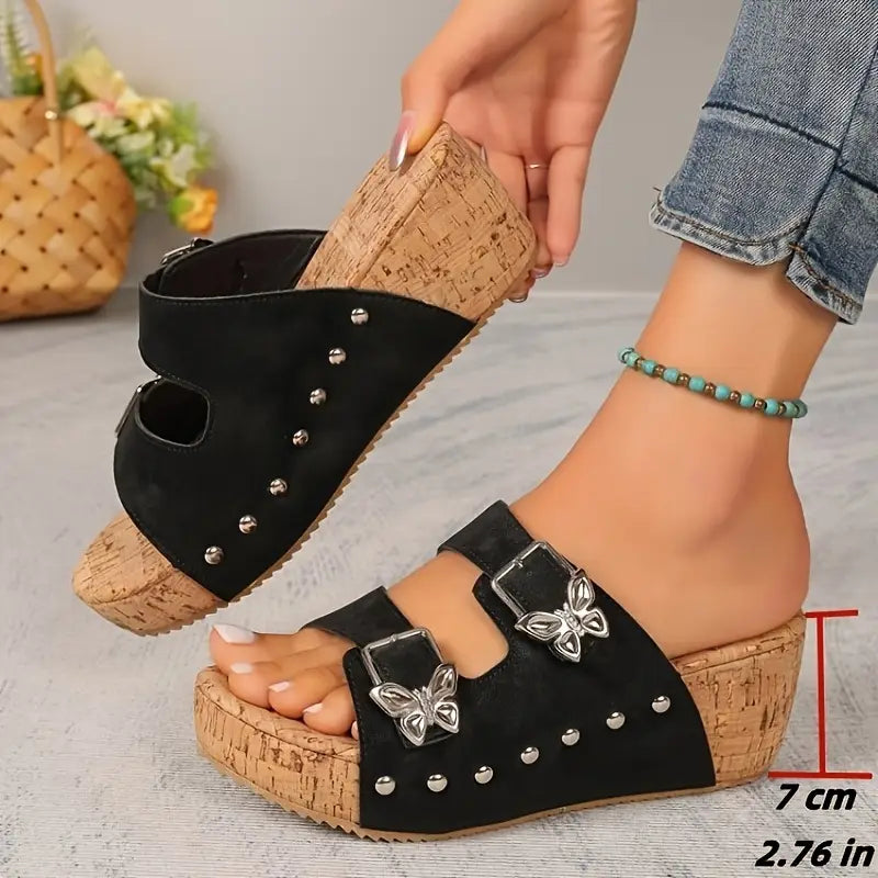 Comfortable Black Wedge Sandals for Women with Buckle Strap Studded Detail Cork Platform Open Toe Style