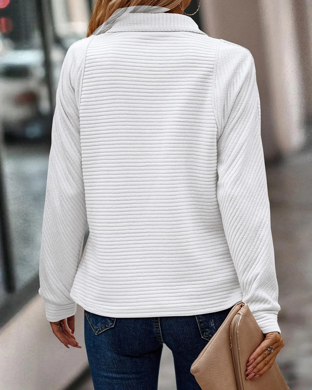Comfortable Ribbed Knit Pullover for Women with Quarter Zip Collar Long Sleeve Relaxed Style