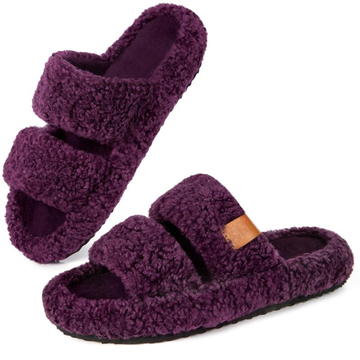Comfortable Slippers with Arch Support for Women with Double Fur Strap Contoured Footbed Open Toe Style