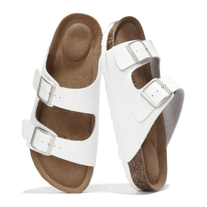 Comfortable Slide Sandals for Women with Double Buckle Strap Contoured Footbed Open Toe Style