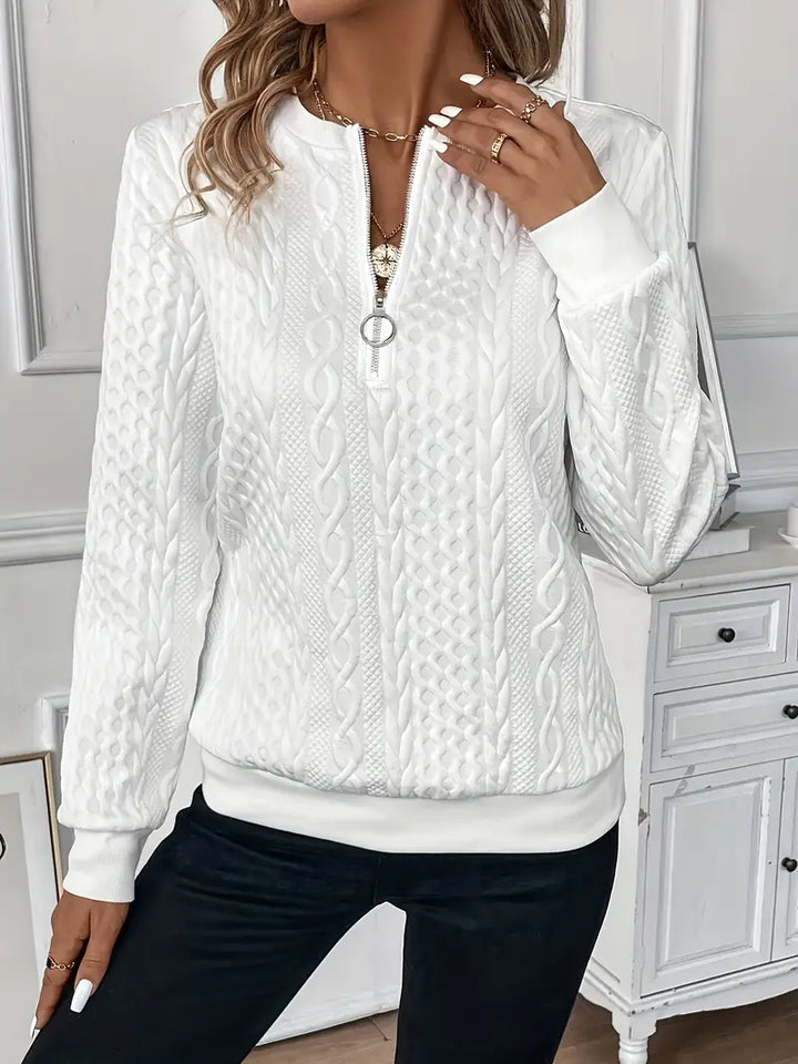 Comfortable Cable Knit Sweater for Women with Zip Collar Long Sleeve Relaxed Textured Style