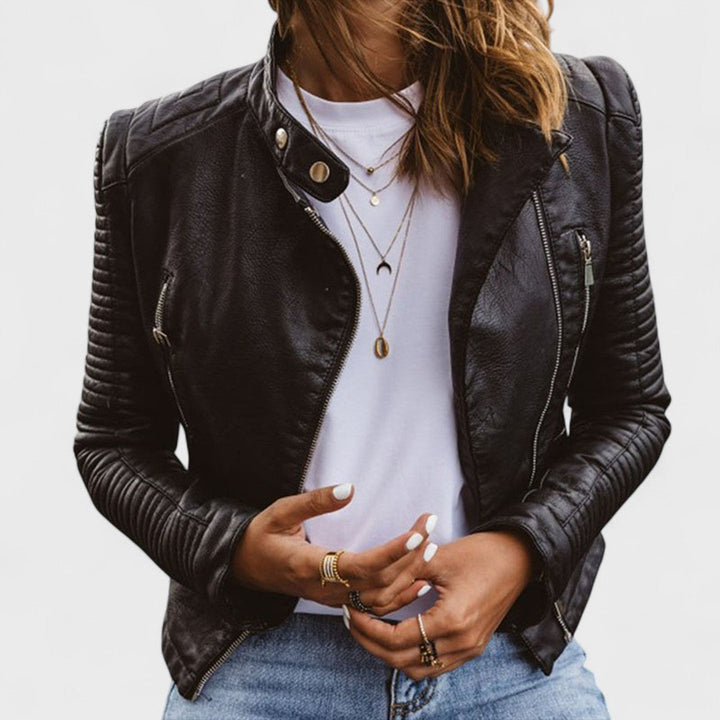 Elegant Black Leather Jacket for Women with Snap Collar Long Sleeve Quilted Cropped Casual Style