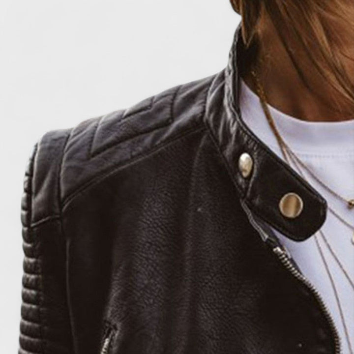 Elegant Black Leather Jacket for Women with Snap Collar Long Sleeve Quilted Cropped Casual Style