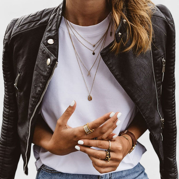 Elegant Black Leather Jacket for Women with Snap Collar Long Sleeve Quilted Cropped Casual Style