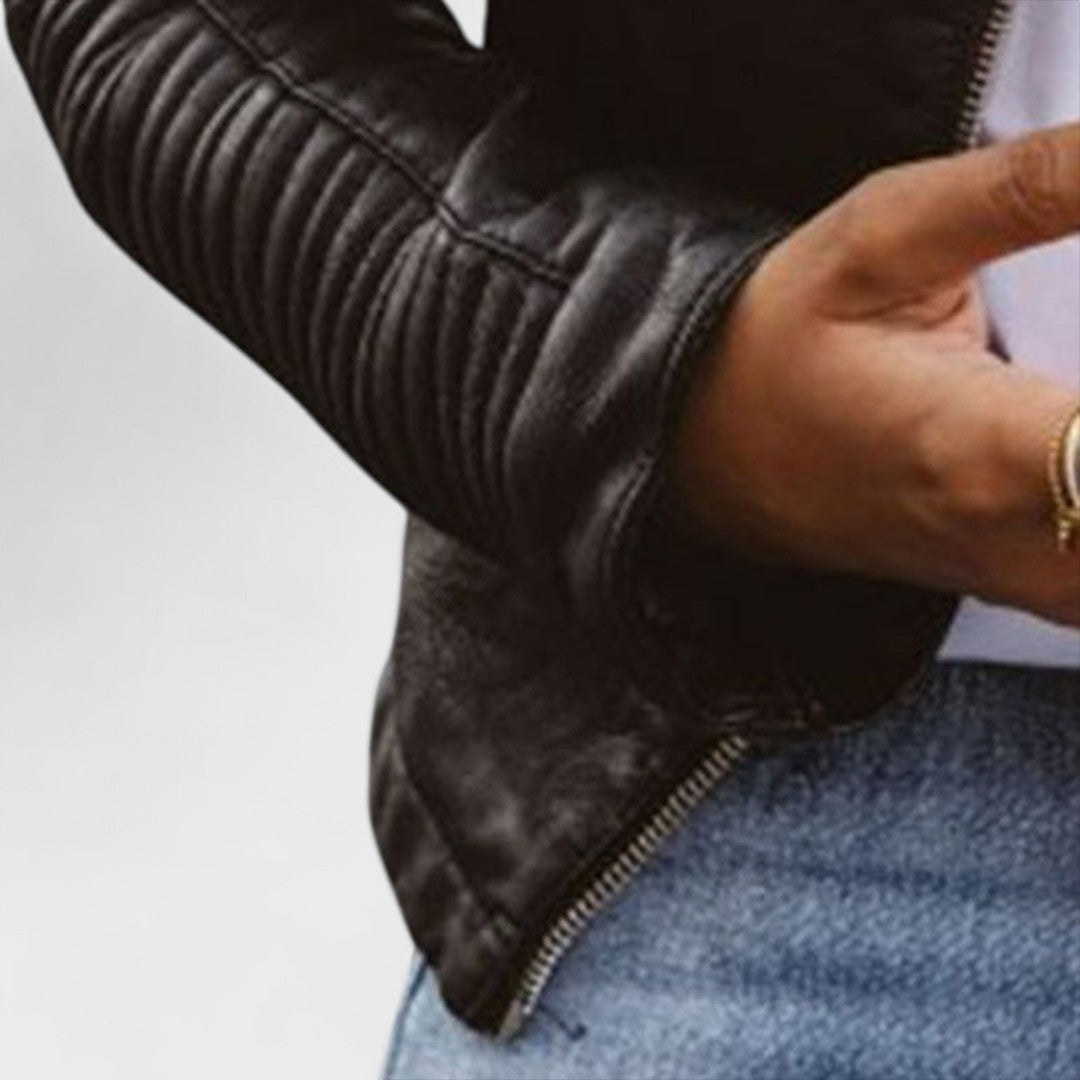 Elegant Black Leather Jacket for Women with Snap Collar Long Sleeve Quilted Cropped Casual Style