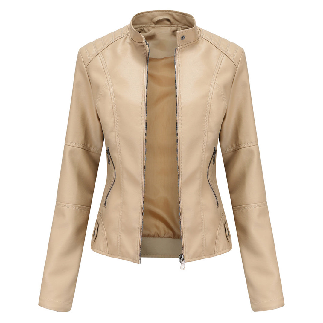 Effortless Faux Leather Biker Jacket for Women with Stand Collar Long Sleeve Cropped Zip Front Style