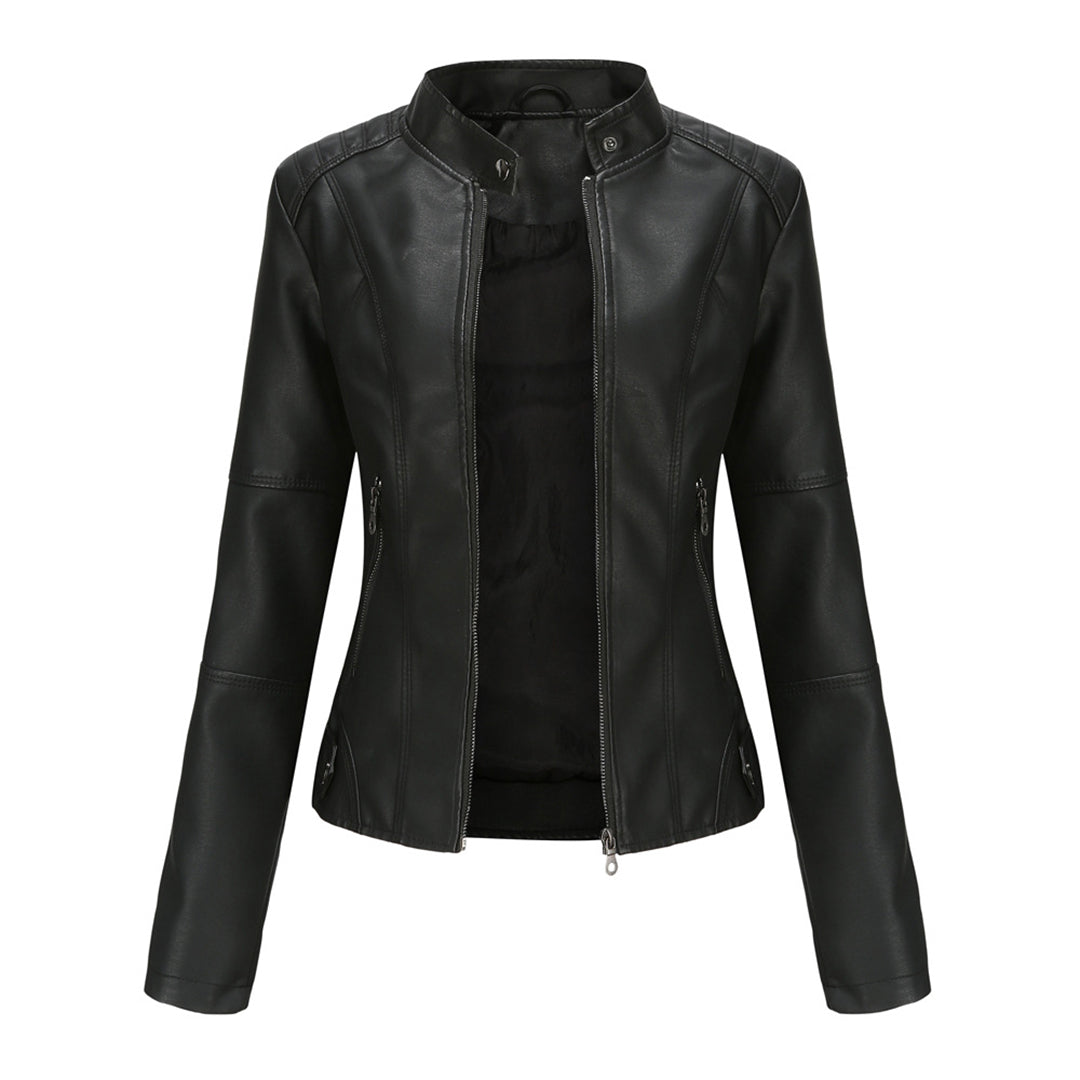 Effortless Faux Leather Biker Jacket for Women with Stand Collar Long Sleeve Cropped Zip Front Style