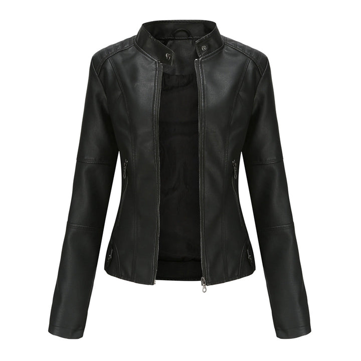 Effortless Faux Leather Biker Jacket for Women with Stand Collar Long Sleeve Cropped Zip Front Style
