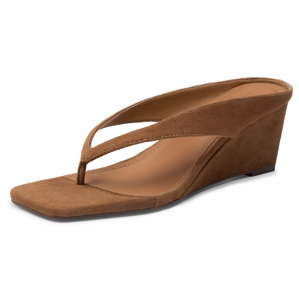Comfortable Flip Flop Heels for Women with Toe Post Sculpted Wedge Square Toe Slide Style