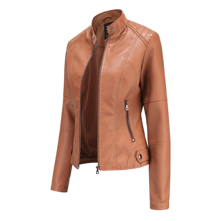 Effortless Faux Leather Biker Jacket for Women with Stand Collar Long Sleeve Cropped Zip Front Style