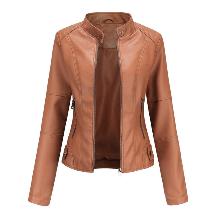 Effortless Faux Leather Biker Jacket for Women with Stand Collar Long Sleeve Cropped Zip Front Style