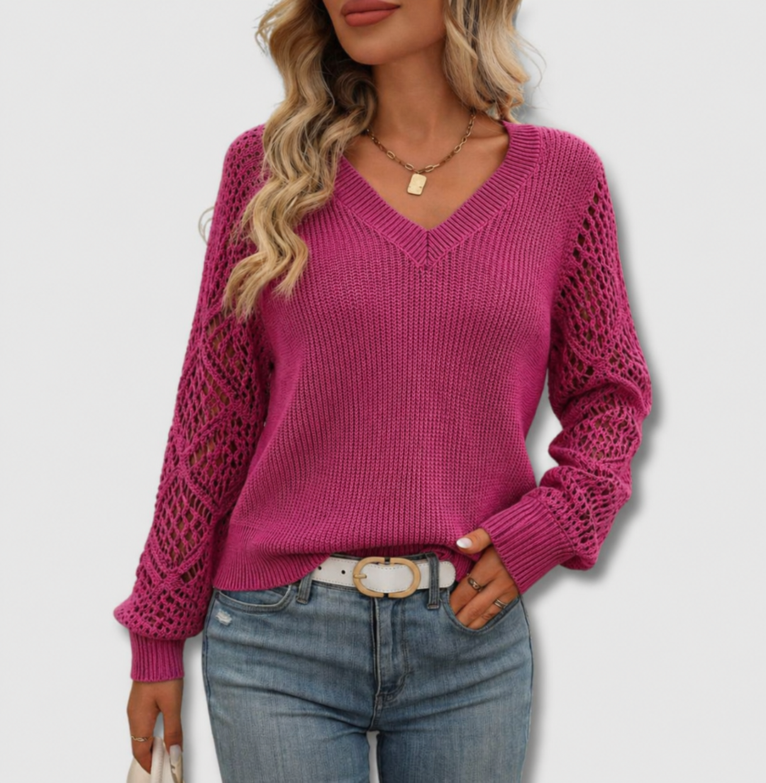 Comfortable Crochet Knit Sweater for Women with V Neck Long Sleeve Relaxed Oversized Style
