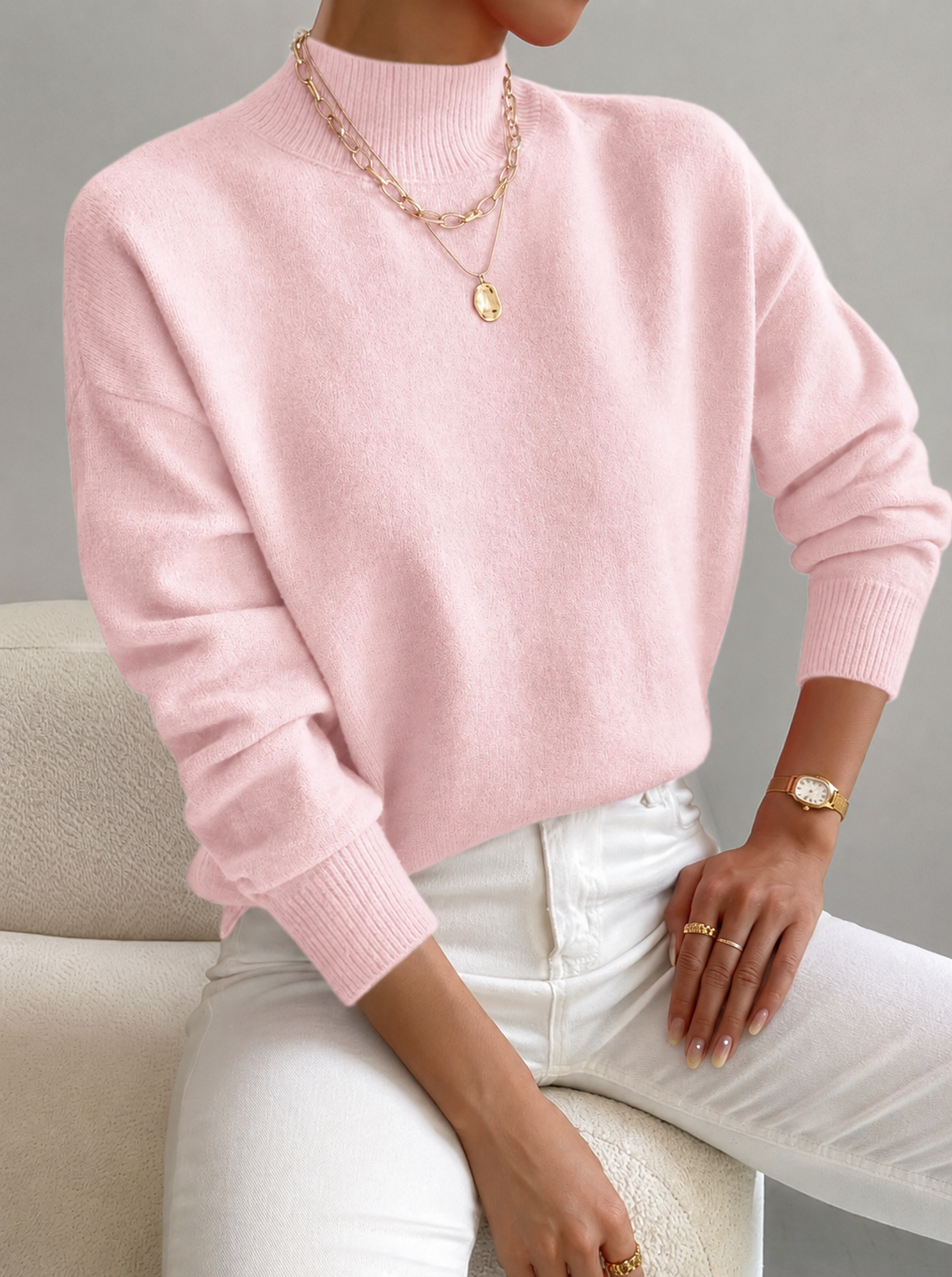 Comfortable Mock Neck Sweater for Women with Long Sleeve Ribbed Cuff Relaxed Oversized Knit Style