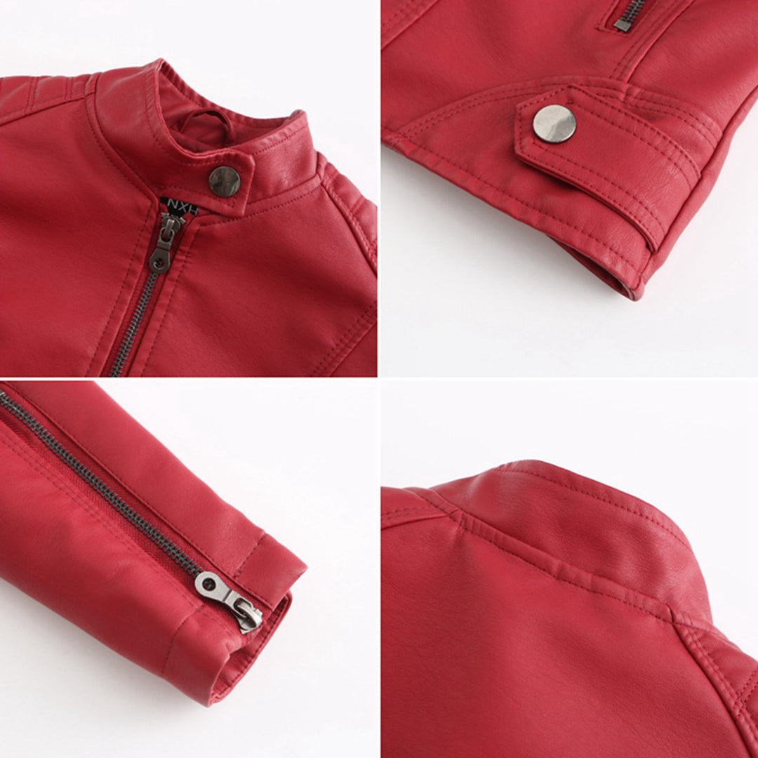 Effortless Faux Leather Biker Jacket for Women with Stand Collar Long Sleeve Cropped Zip Front Style