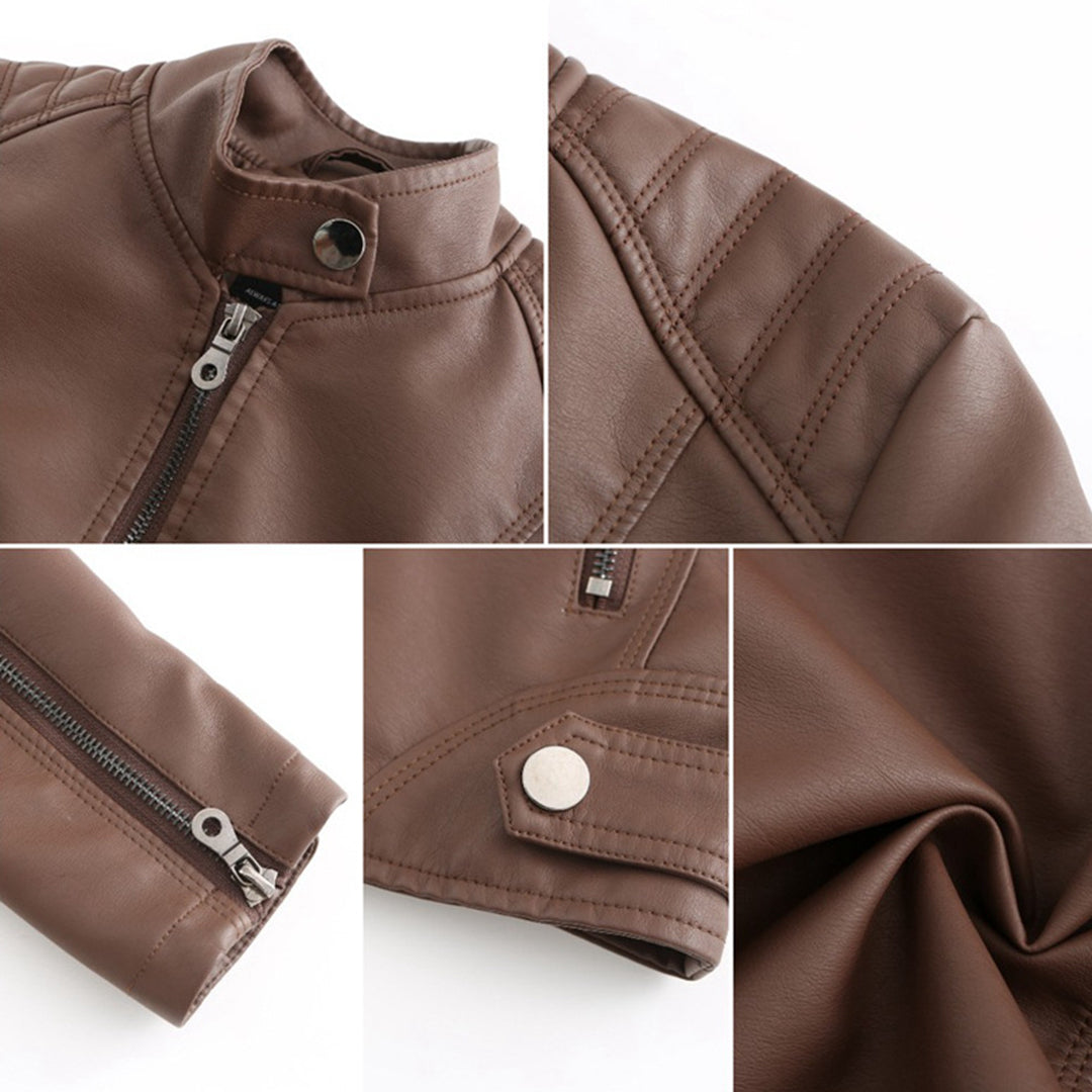 Effortless Faux Leather Biker Jacket for Women with Stand Collar Long Sleeve Cropped Zip Front Style