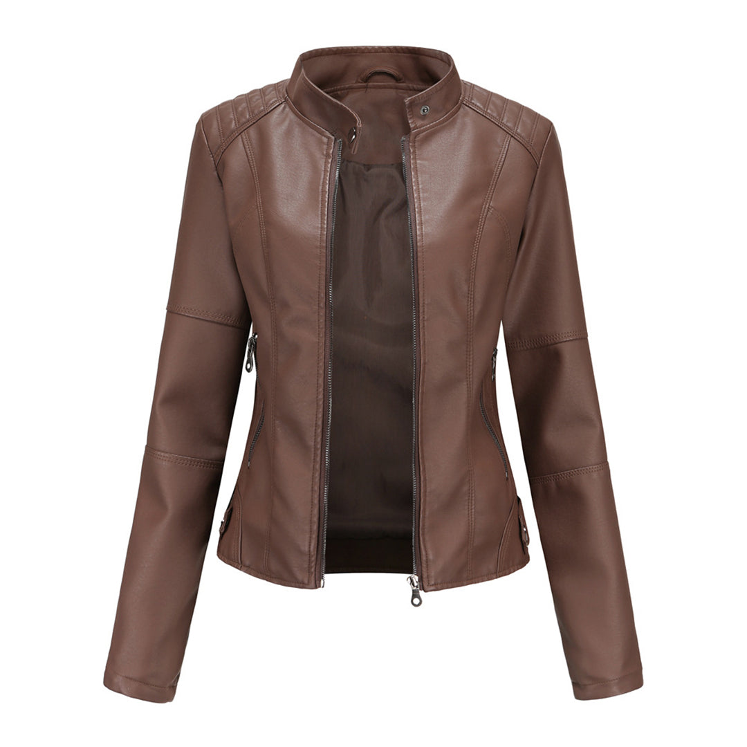 Effortless Faux Leather Biker Jacket for Women with Stand Collar Long Sleeve Cropped Zip Front Style