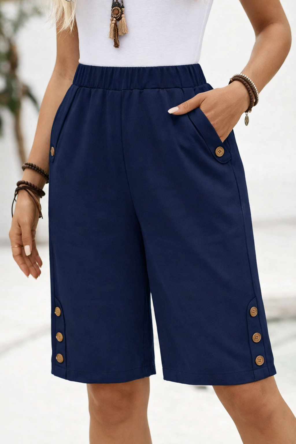 Effortless Button Trim Bermuda Shorts for Women with Elastic Waist Relaxed Pocket Casual Style