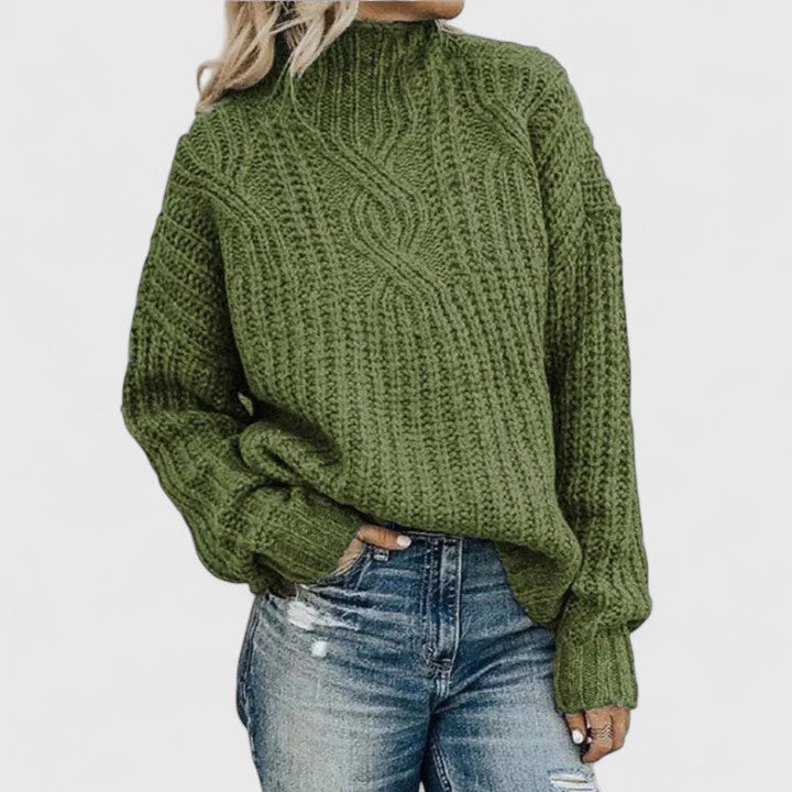 Comfortable Cable Knit Sweater for Women with High Neck Balloon Sleeve Relaxed Oversized Style