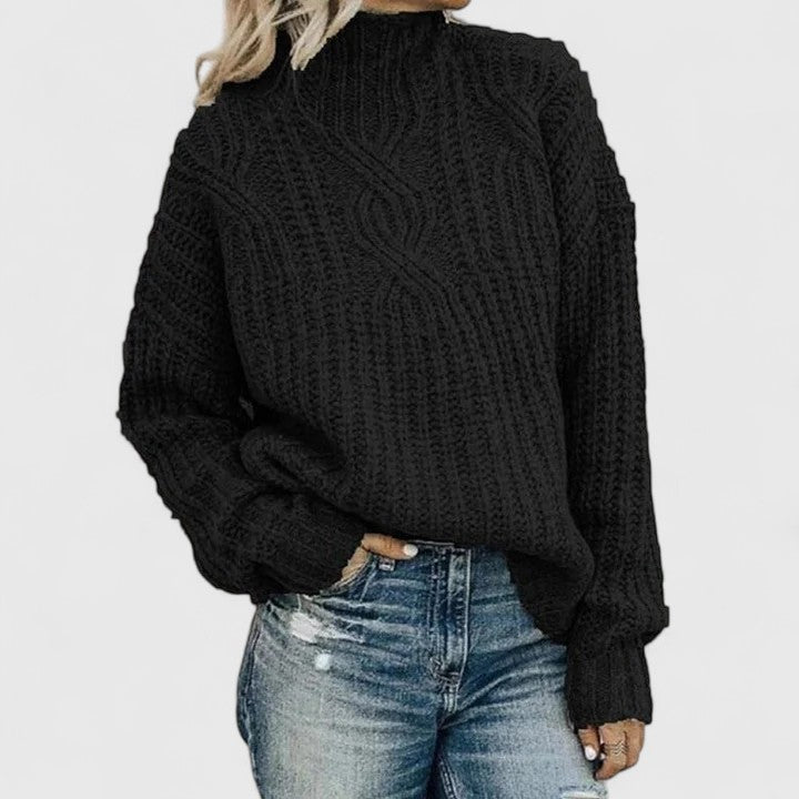Comfortable Cable Knit Sweater for Women with High Neck Balloon Sleeve Relaxed Oversized Style