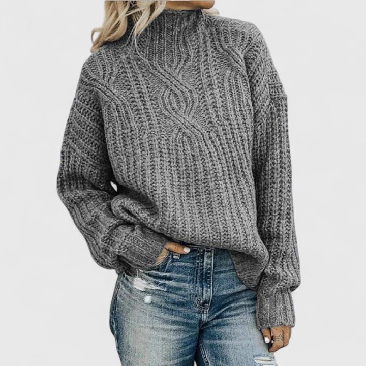 Comfortable Cable Knit Sweater for Women with High Neck Balloon Sleeve Relaxed Oversized Style